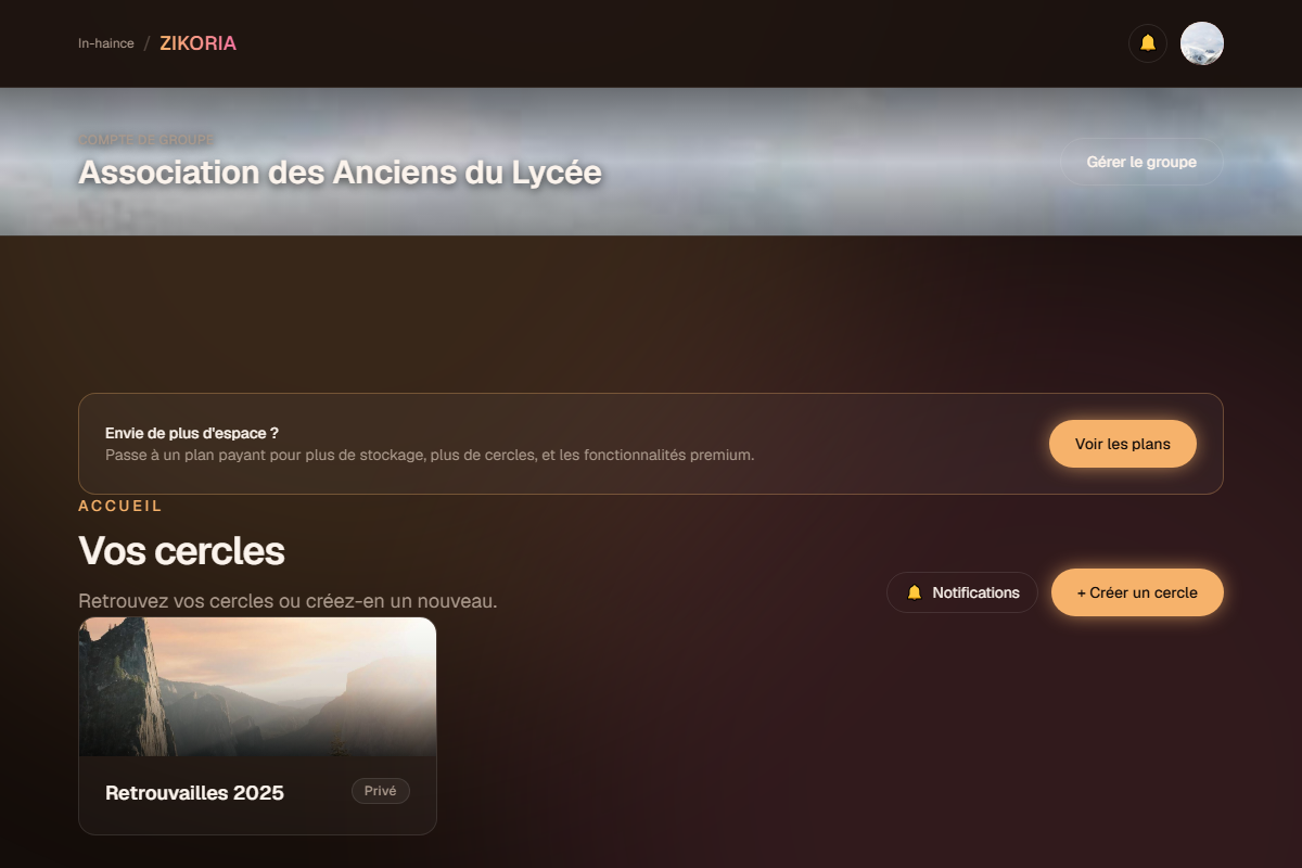 Accueil d'un compte de groupe avec son cercle